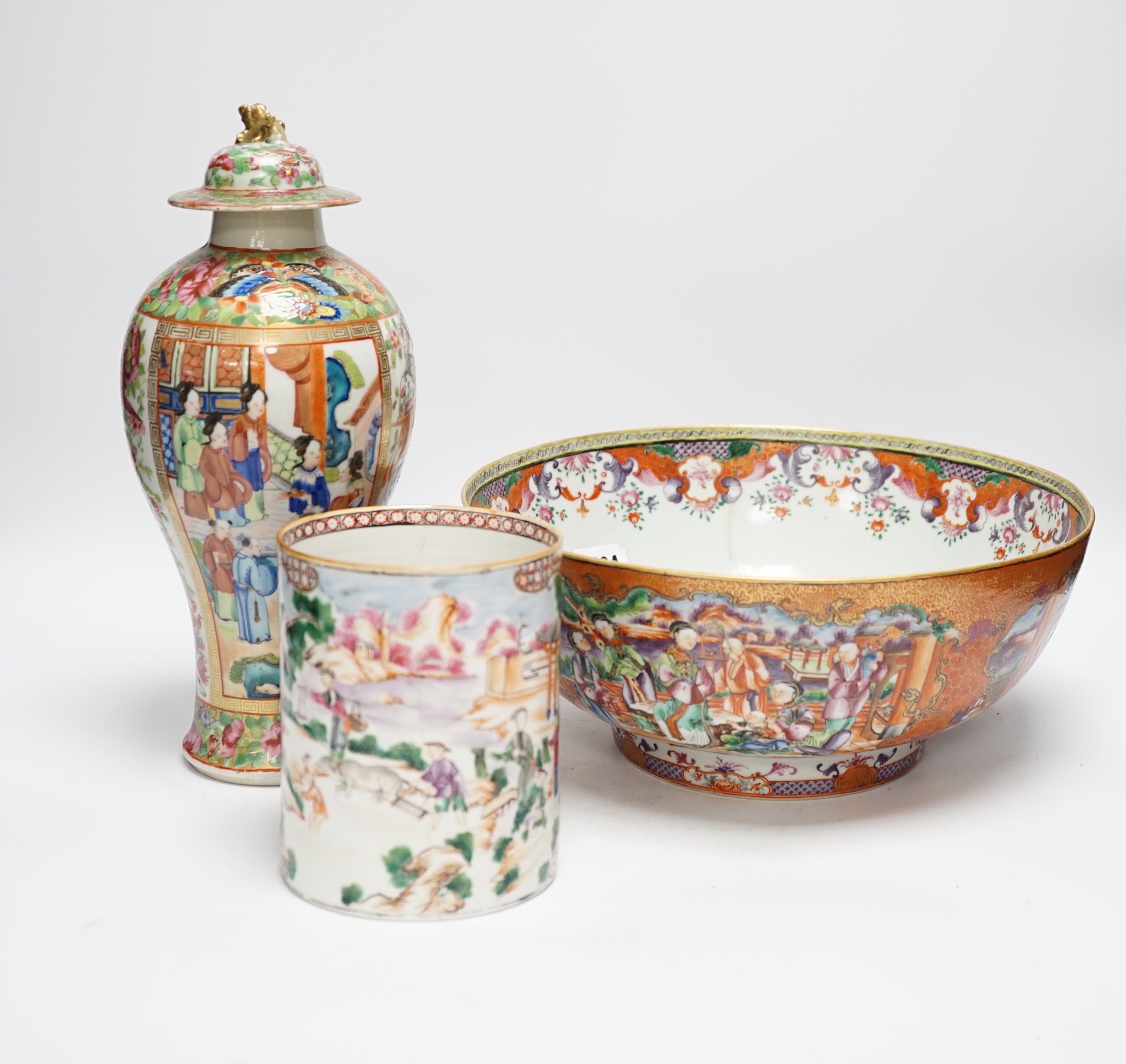 An 18th century Chinese Mandarin pattern bowl and mug, and a 19th century Canton famille rose vase and cover (3), vase and cover 30cm high